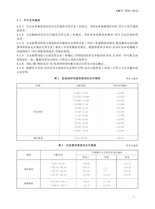 Electrical Heating Resistance Wire Standard GB/T1234-2012